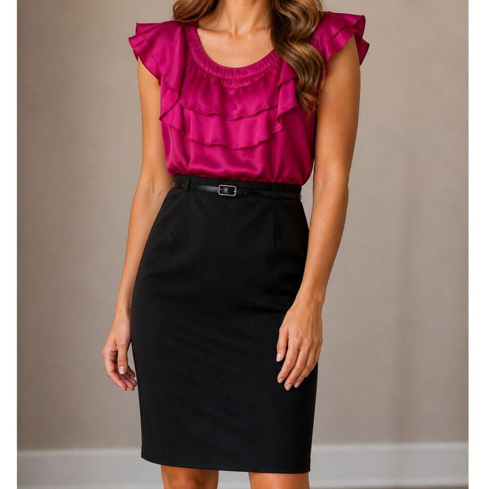 Fuchsia Ruffle Sheath Dress Belted Size 12 Work Office Cocktail